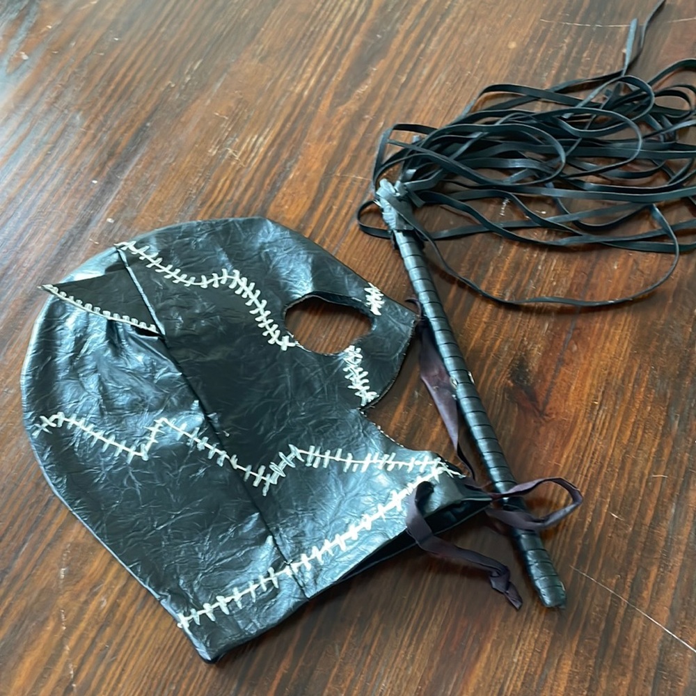 Vintage black handmade catwoman mask and whip tie closure white painted stitches